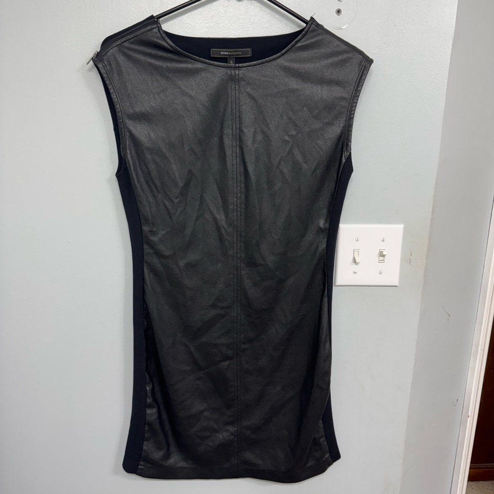 BCBG Maxazria Karlee Sheath Dress Womens XS Black Faux Leather Sleeveless Zip